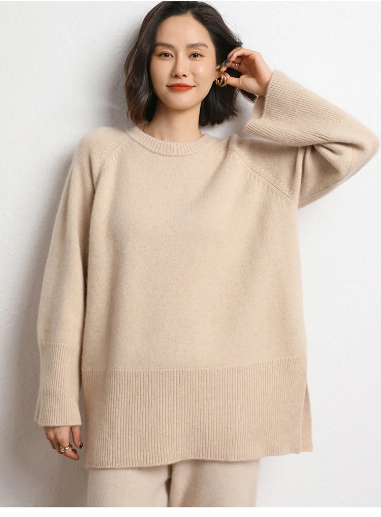 高品質カシミヤ厚手ゆったり風秋冬新作レディースルーズラウンドネックロングニットセーター