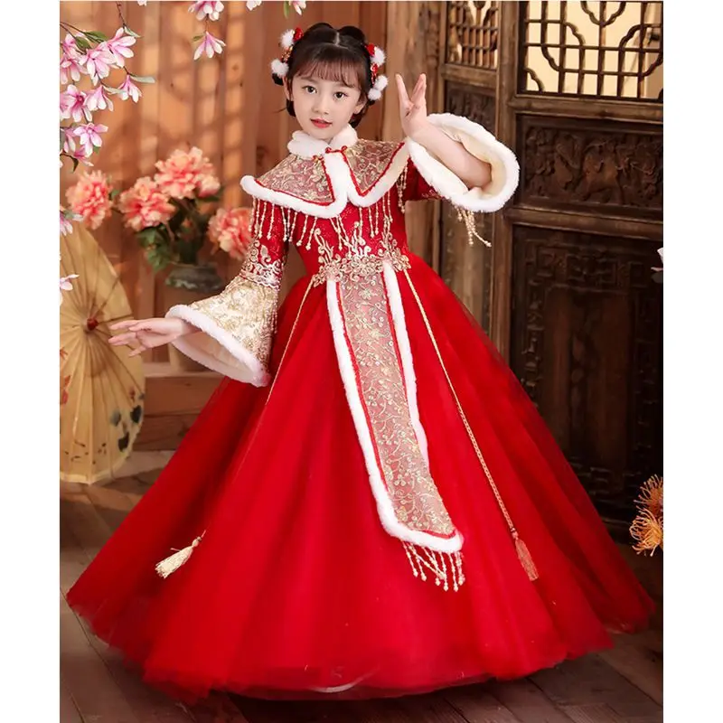 

Red Girls Hanfu Winter Clothing Thickened Children Tang Suit Chinese Style Skirt Ancient Costume Super Fairy 2023 New Year Hanfu