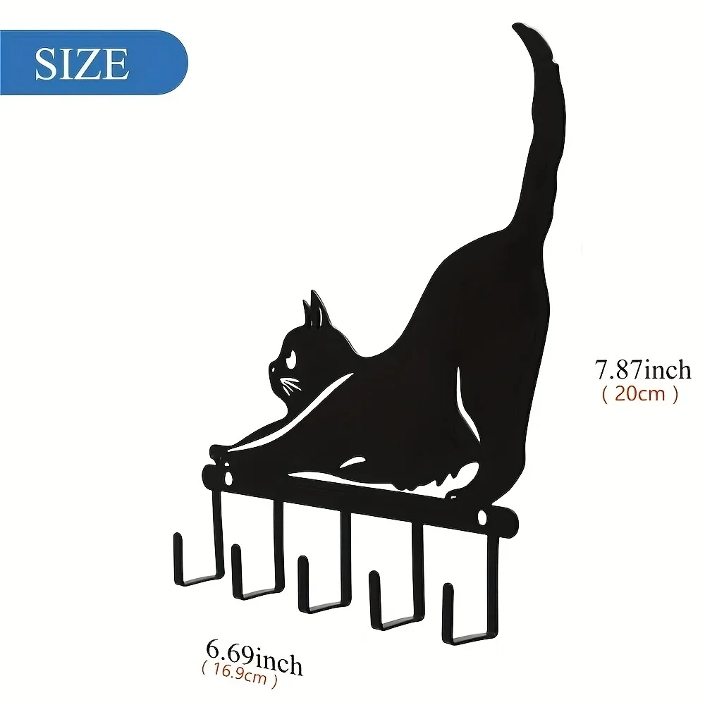 Cute Black Cat Key Holder For Wall, Coat Rack Wall Mount, Metal Home DecorsStorage Rack, Hook for Wall, Iron Art, Coat Hanger