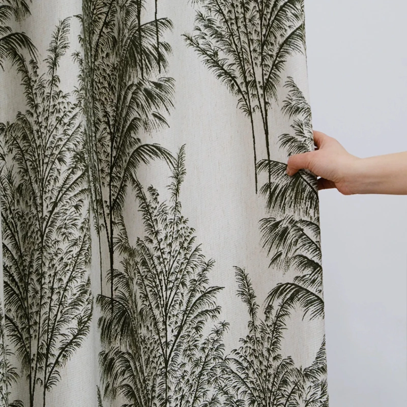Vintage Art Linen Plant Jacquard Green Curtains for Living Room Bedroom Custom French Window Balcony Finished Product