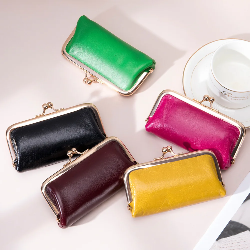 Couro genuíno Mini Lipstick Bag para mulheres, titular do cartão de couro, armazenamento Coin Purse, Clip Clutch Wallet, fone de ouvido para meninas, feminino