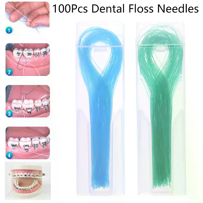 100pcs Dental Floss Threader Traction Line Oral for Crown Brace Bridge Implant Hoop Threading Braces Steel