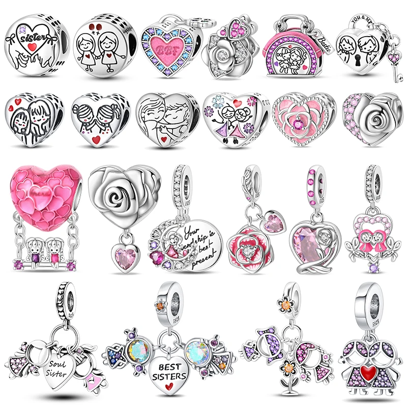 100% 925 Sterling Silver Sisters Best Friends Series Charms Pink Heart Rose Beads Fit Bracelet DIY Birthday Jewelry Gift