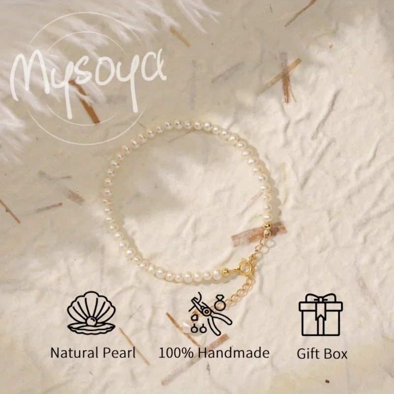 

MYSOYA 4-5mm Natural White Freshwater Pearl Bracelet For Women And Men With Extender Chain Gift Box Birthday Wedding Gift