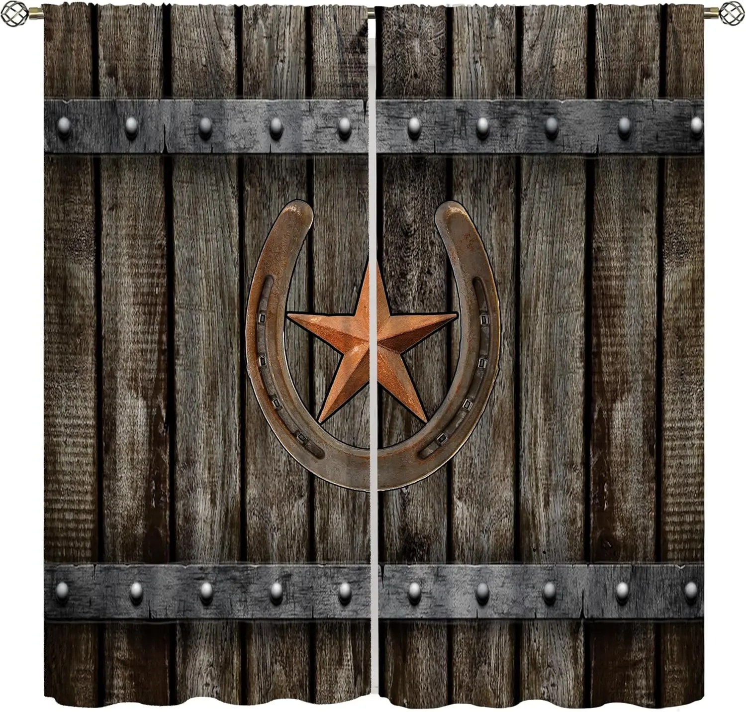 Vintage Country Western Curtains, Wood Doors Wild Texas Cowboy Horseshoe Stars Window Drapes for Farmhouse Living Room