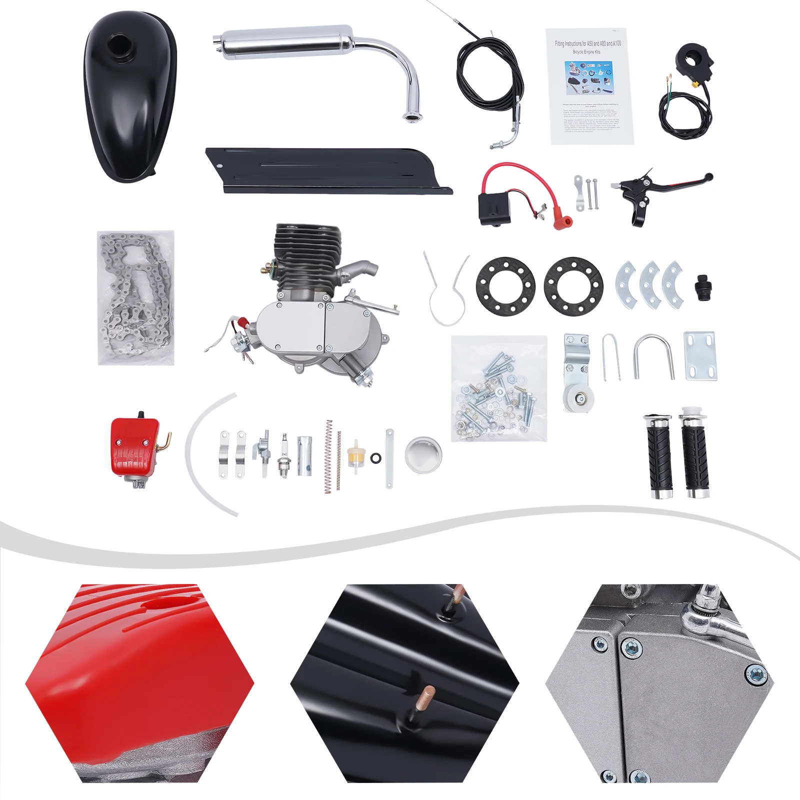 

100CC Motorized Bicycle Engine Kit 2 Stroke Petrol Gas Motor Engine Kit Fits Most 26" or 28" (36/44 Tooth Sprocket)