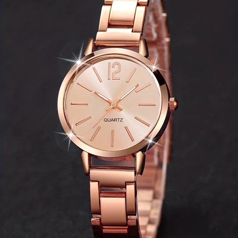 2pcs/set Women's Luxury Rose Golden Quartz Watch Business Fashion Analog Wrist Watch & Star Bangle, Gift For Mom Her