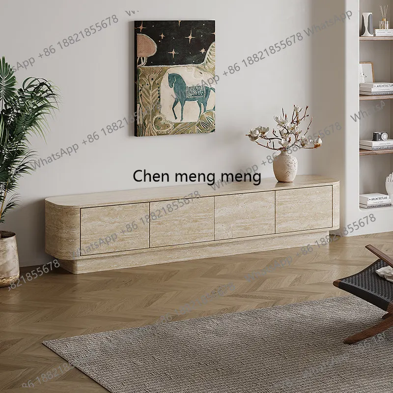 

Solid wood natural travertine TV cabinet living room floor retro storage low cabinet designer