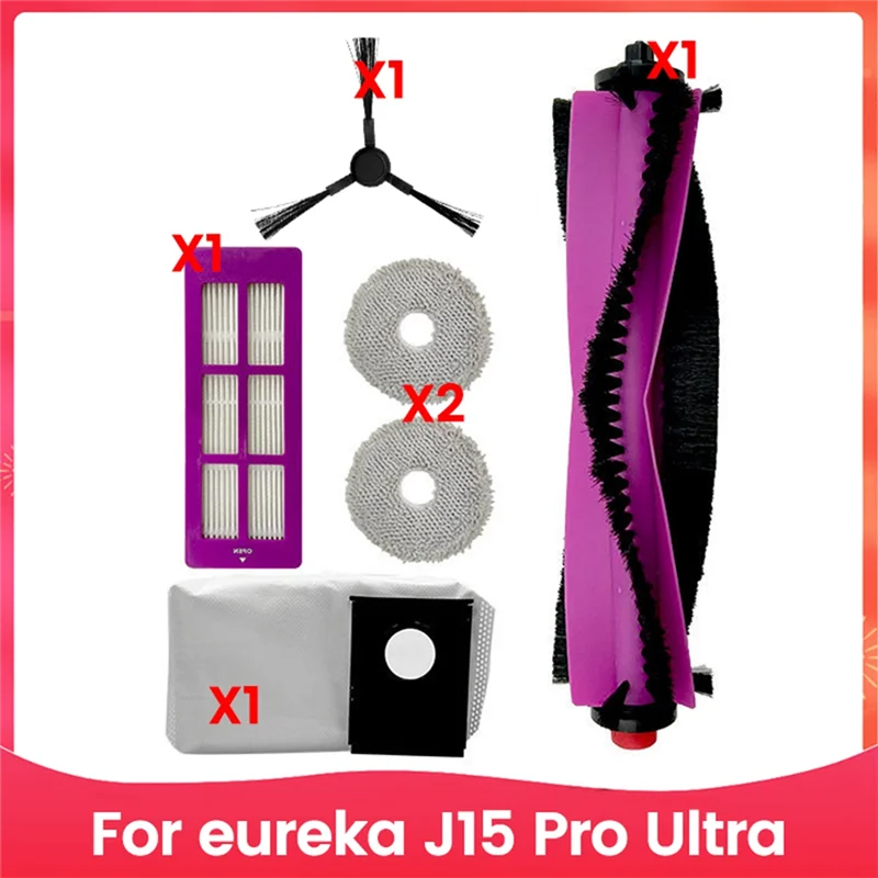 A47U für Eureka J15 Pro Ultra Zubehörset Seitenbürste 1, Wischpad 2 Stück, Rollenbürste 1 Stück, Filter 1 Stück, Staubbeutel 1 Stück