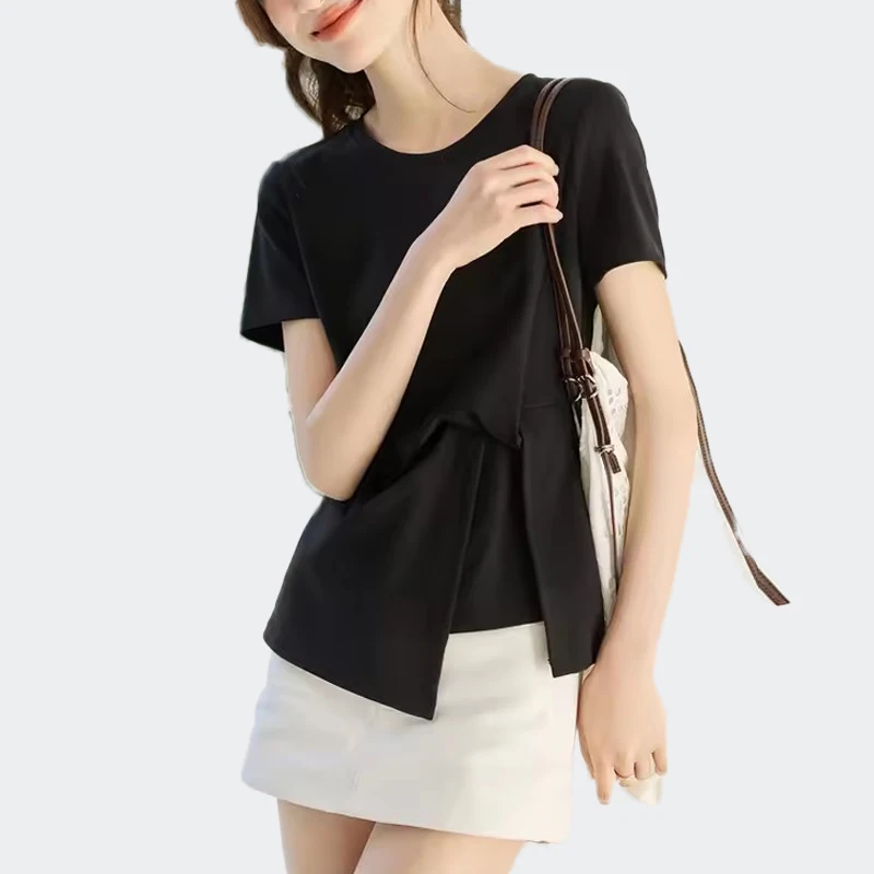 

Chic Design Irregular Short Sleeve T-shirt Women's New Summer Slim-fit Casual White Round Neck Tops