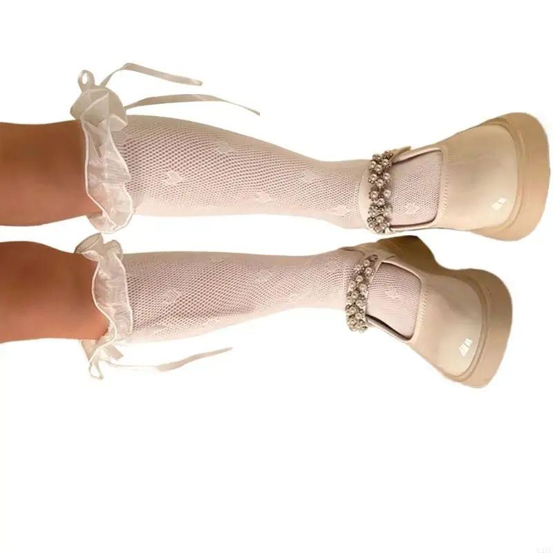Girl KneeHigh Socks Breathable Mesh MidCalf Socks Kids Women Spring Stretchy Lace Ruffle Dress Socks for Little Girl