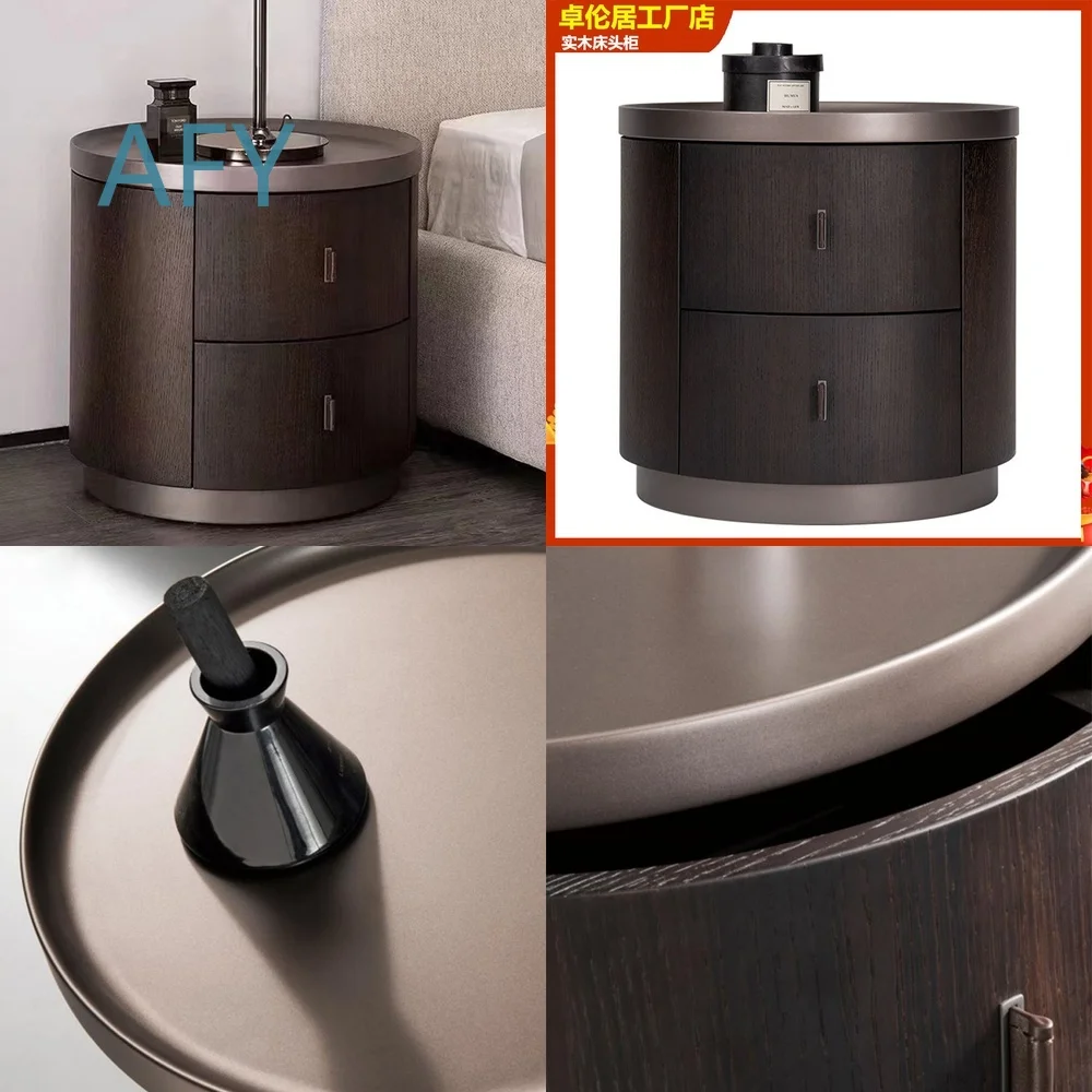 Smoked Wood Nightstand for Modern Bedroom Minimalist Scandinavian Bedside Table Round Storage Cabinet Luxury Accent Chest for