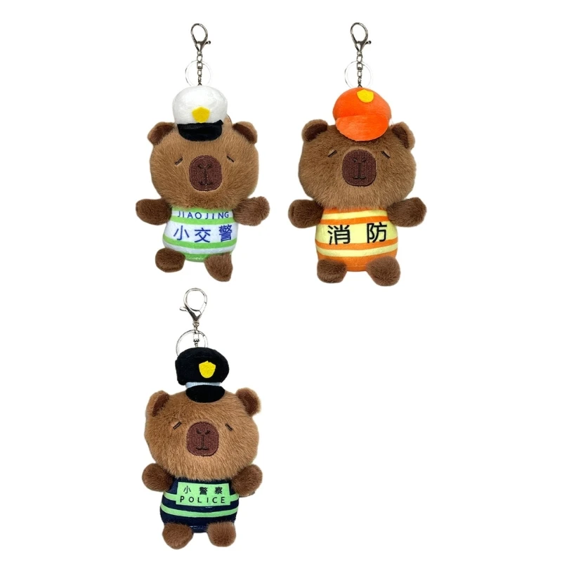 50JB Charming Policeman Capybara Plush Key Holder Soft Touch Animal Bag Accessory Handmade Plush Key Pendant for Various Ages