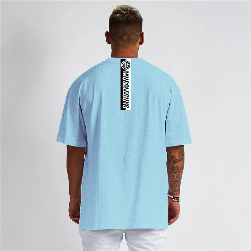 Gym Fitness Loose Short Sleeve Casual Oversized Men T-shirt Fashion Dropped Shoulders Summer Quick Dry Mesh Breathable Cool Shrt