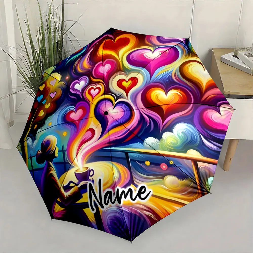 Custom Name  Colorful Heart Umbrella for Artistic Expressions Print 8 Iron Ribs Folding Umbrella Auto-Open Fashion Sunshade