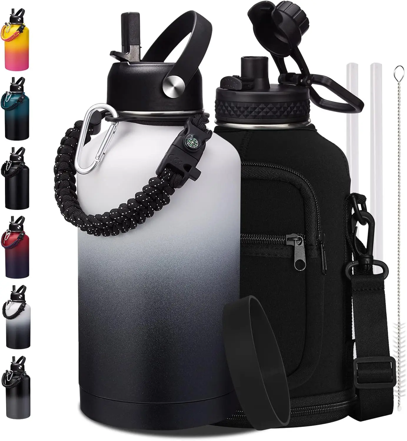 

Half Gallon Water-Bottle with straw - 64oz Vacuum Insulated Water Bottles with Paracord Handle, Straw Spout Lids, Water Bottle C