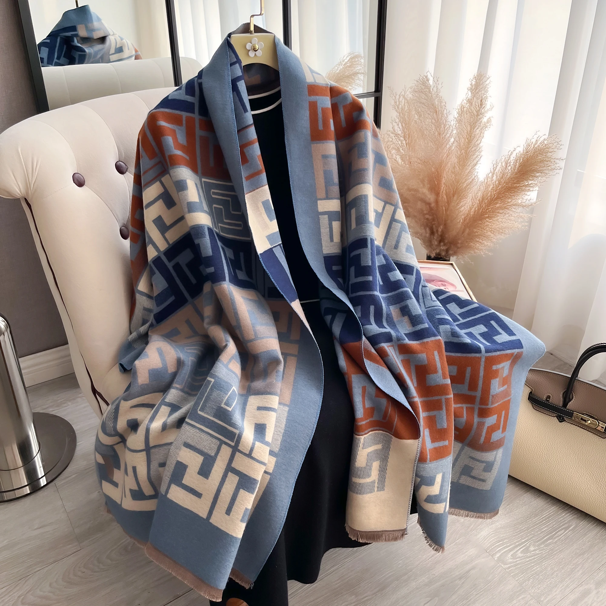 Double Sided Letter Tassel Scarf Mature Imitation Cashmere Warm Shawl Autumn Winter Office Coldproof Windproof Wrapped Scarf