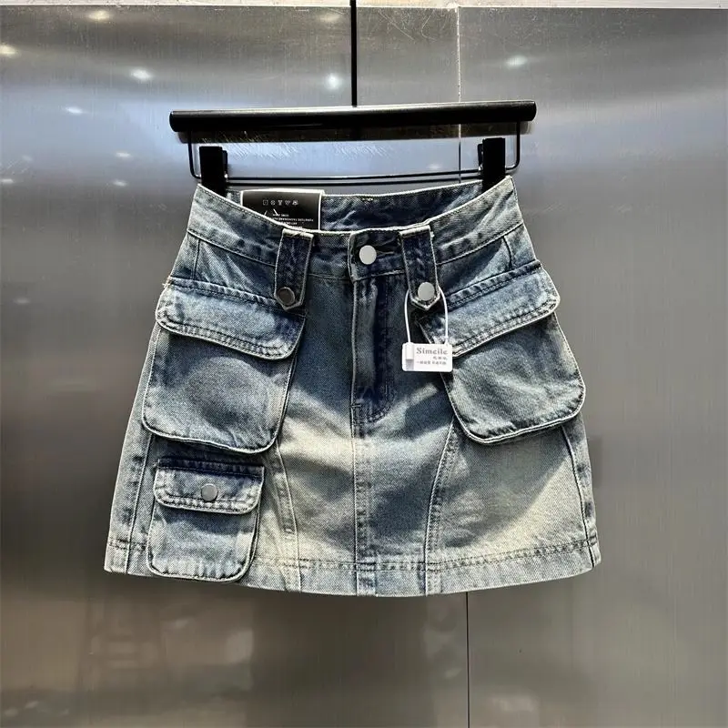 Korean Retro Pocket Design Stylish and Fashionable Workwear Denim Skirt Summer Anti-glare A-line Short Skirt Simple and Elegant