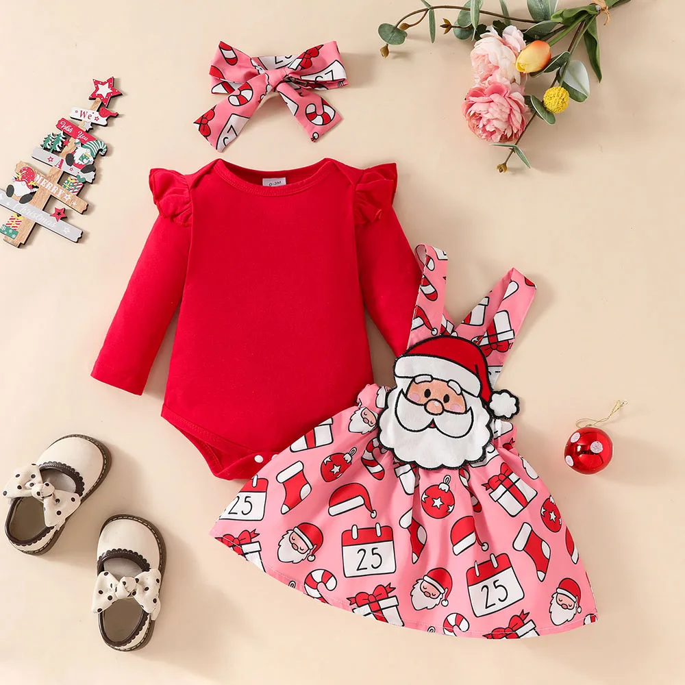 MILANCEL 2024 Newborn Christmas Clothes Santa Clause Dress And Solid One Piece Matched Headband 3Pcs Toddler Girls Suit