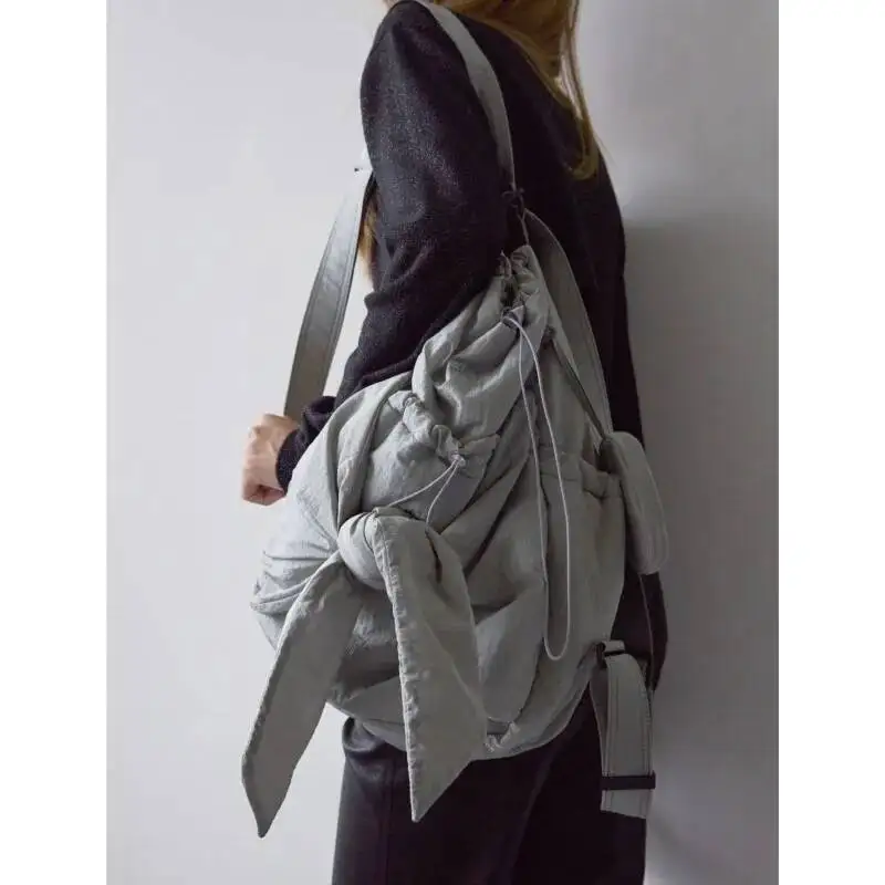 Bloom Hot Girls Nylon Grey Handbag Y2k Women Retro Bow Large Capacity Casual Backpack Female Sweet Cool Backapcks Aesthetic