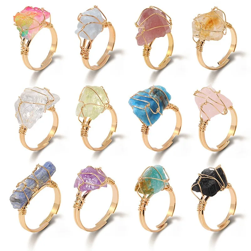 

2024 New Natural Crystal Winding Ring Adjustable Retro Style Gemstone Women Fashion Original Irregular Stone Girls Jewelry Gift