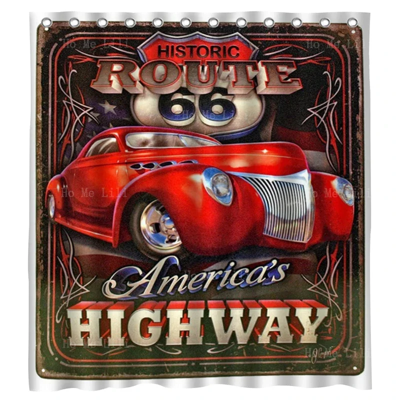 Americas Highway To Hell Tin Route 66 Logo Retro Vintage Metal Advertising Sign Car Poster Shower Curtain By Ho Me Lili