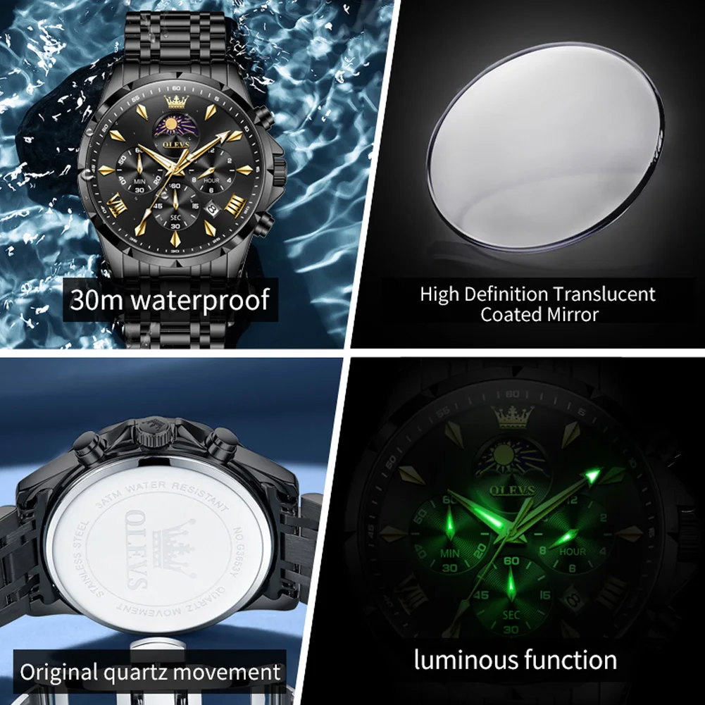 OLEVS 3653 Moon Phase Men Watch Luxury Brand Quartz Watch Fashion Original Waterproof Luminous 24-hour Automatic Date Men Watch