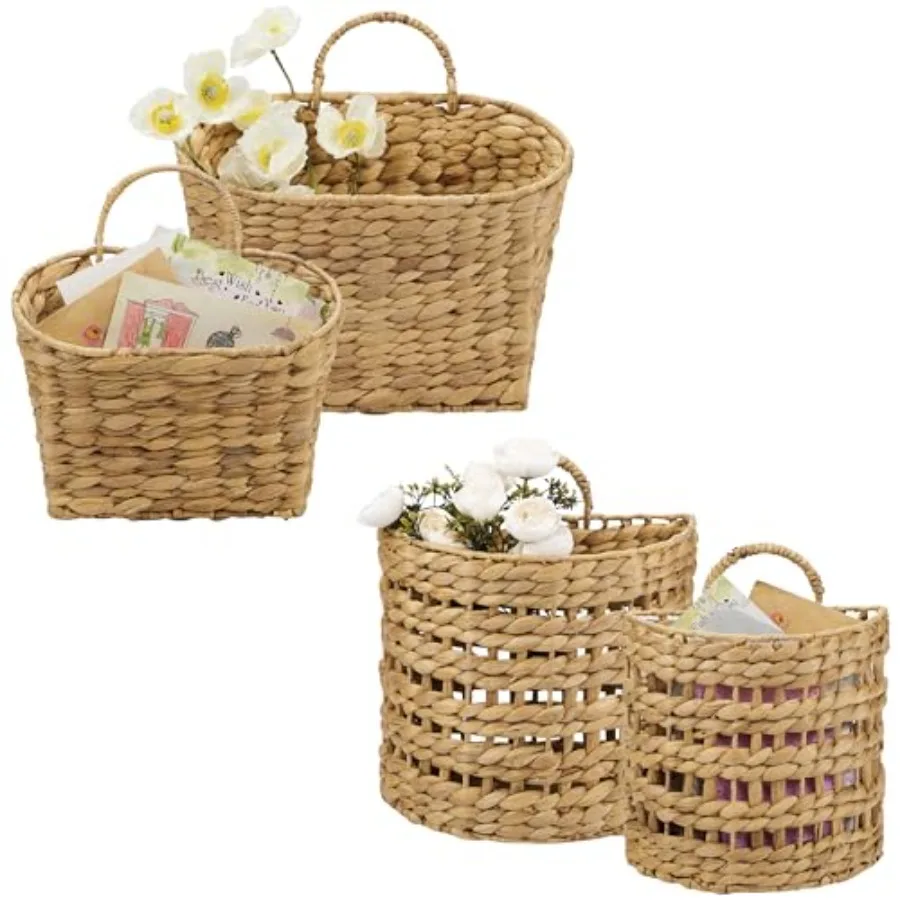 

Набор из 4 плетеных подвесных корзин для организации хранения и декоративного оформления стен, натурального бежевого цвета, с деревенским шармом и функциональным дизайном