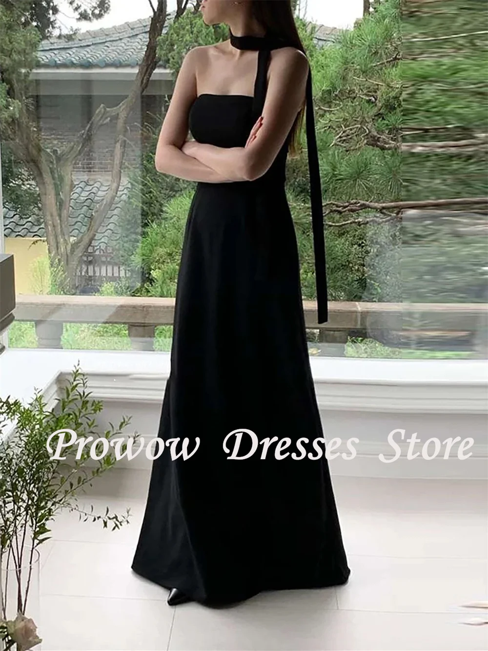 

Prowow Simple Black Strapless Evening Dresses Korea Photoshoot Sleeveless Long Wedding Party Gowns with Scarf Corset Customized