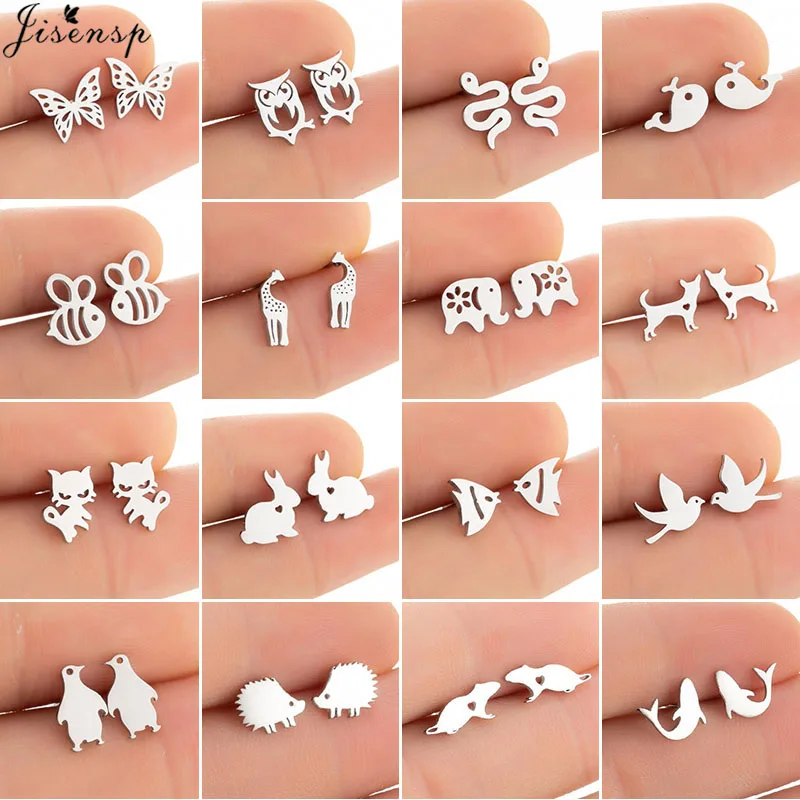 Multiple Style Animal Stainless Steel Stud Earrings for Women Girls Jewelry Snake Whale Owl Bee Mouse Earings Pendientes Gift