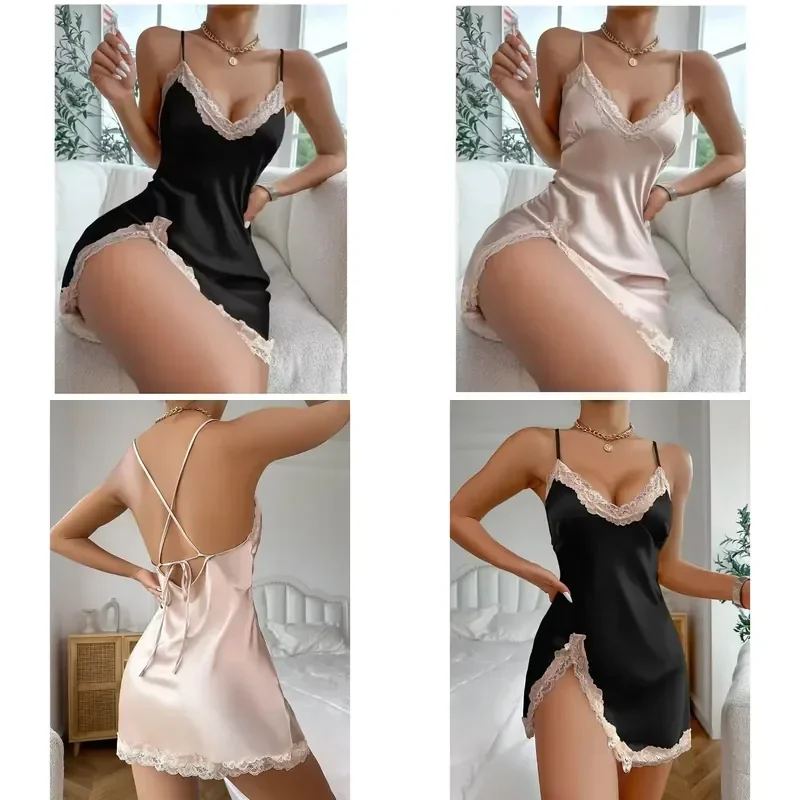 Contrast Lace Satin Nightdress Deep V Backless Lace Up Split Slip Sleep Dress Women's Sleepwear