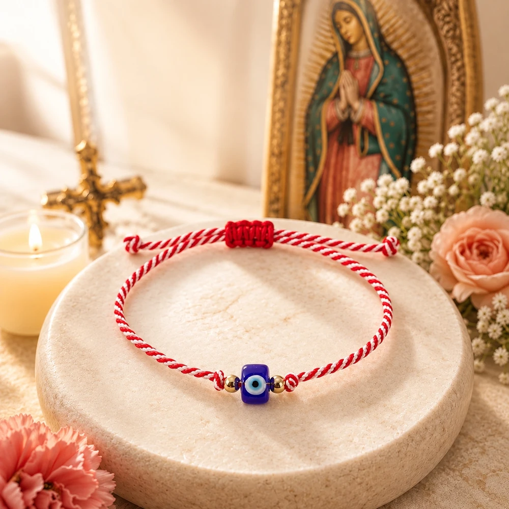 1pc Adjustable Red White Braided Cord Bracelet with Blue Glass Eye Bead and Copper Beads Classic Unisex Strand