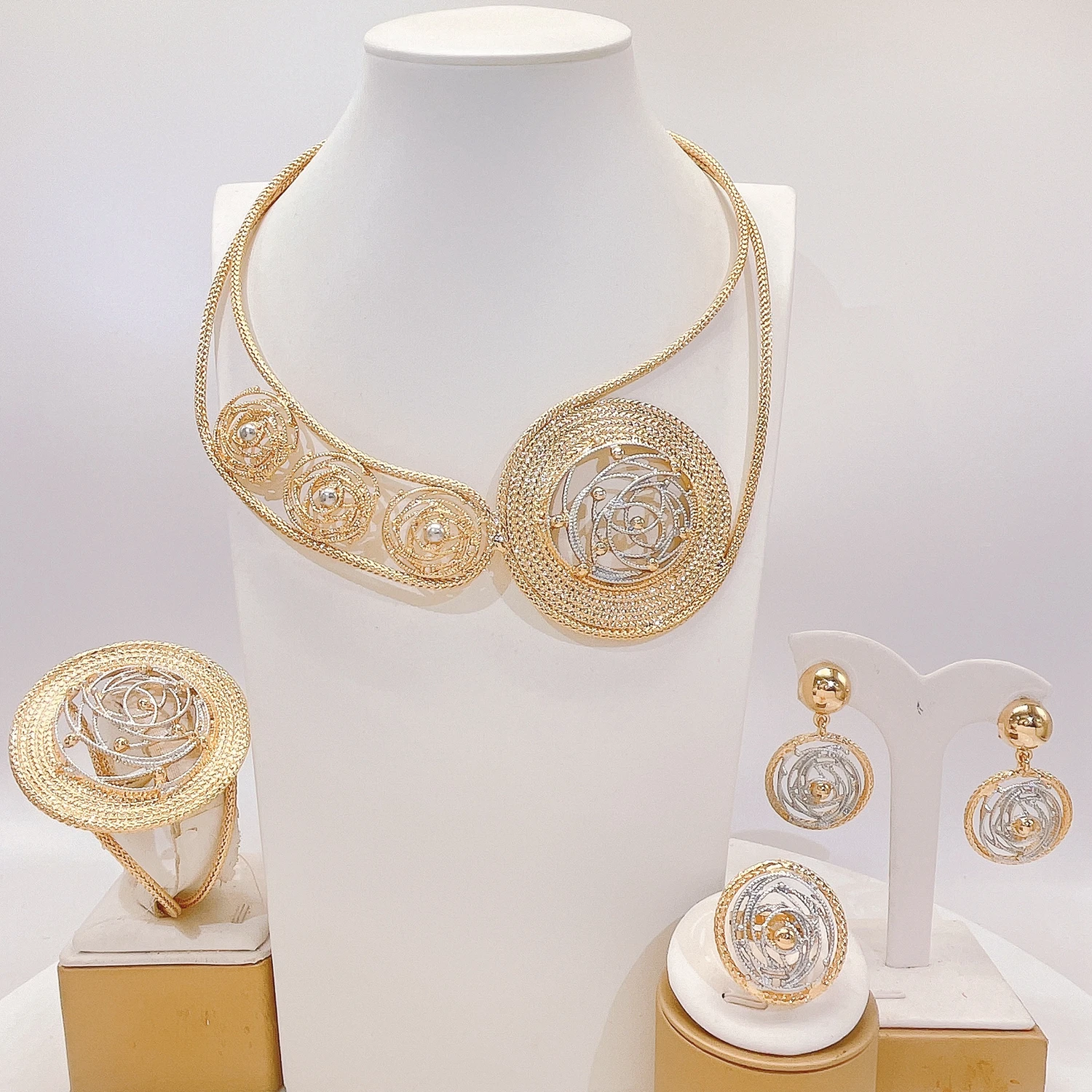 Yulaili Brazilian Gold Plated Two Tone Spiral Jewelry Set for Women Party Wedding Necklace Earrings Bracelet Ring X00032