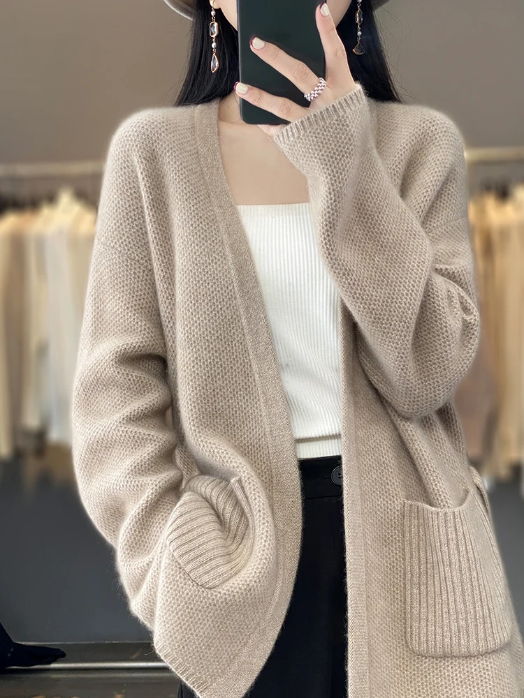 Women Cardigan V-neck Belt Solid 100% Merino Wool Sweater Soft Warm Autumn Winter Cashmere Knitwear Female Grace Clothing Tops