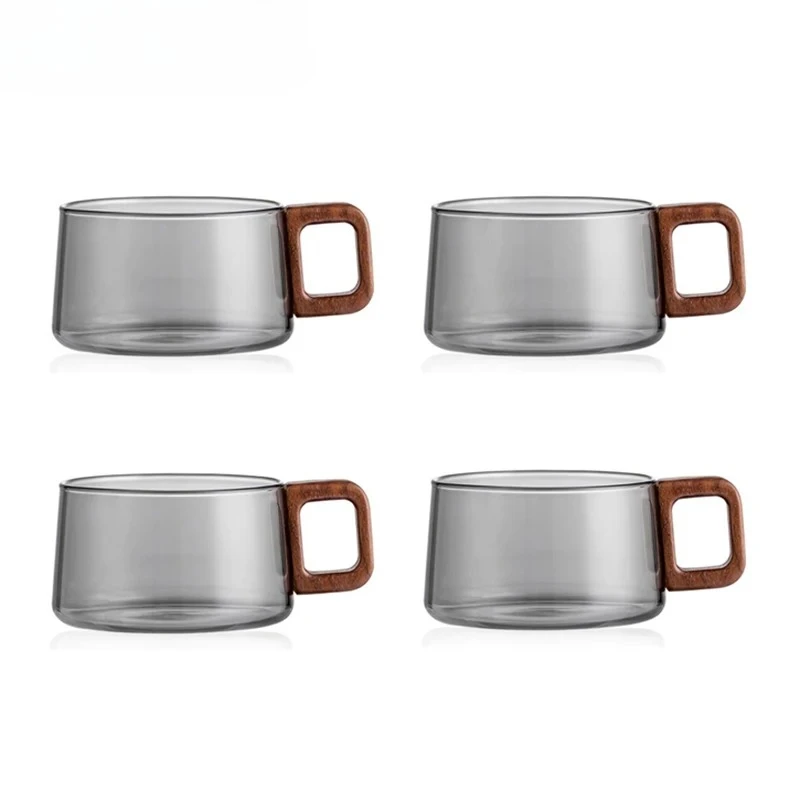 2/4pcs High Borosilicate Glass Coffee Mug Set Heat-resistant Teacup With Wood Handle Espresso Cup For Milk Latte Cappuccino Gift