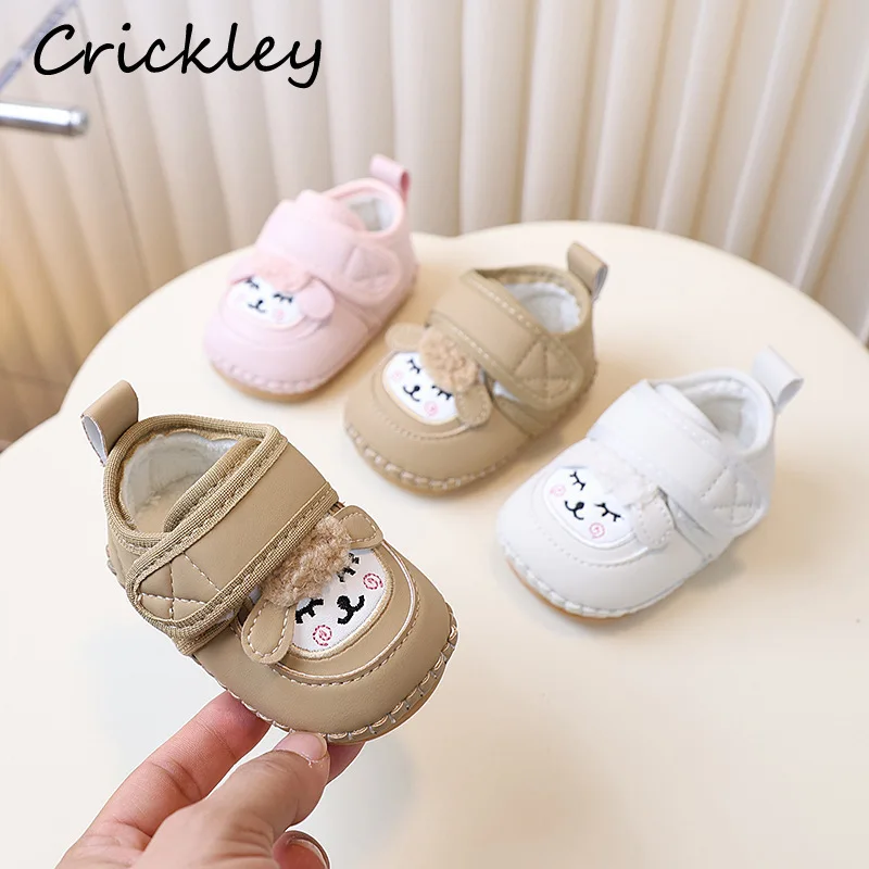 

Winter Cute Sheep Children Casual Shoes Cartoon Solid PU Softf Baby Boys Girls Sneakers Fleece Warm Hook Loop Kids Walk Shoes