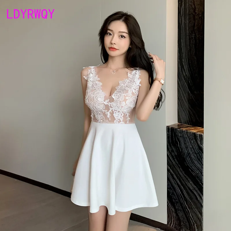 

2022 Sexy Deep V lace embroidered dress temperament slim and low-cut belly cover A-line skirt night show see-through female