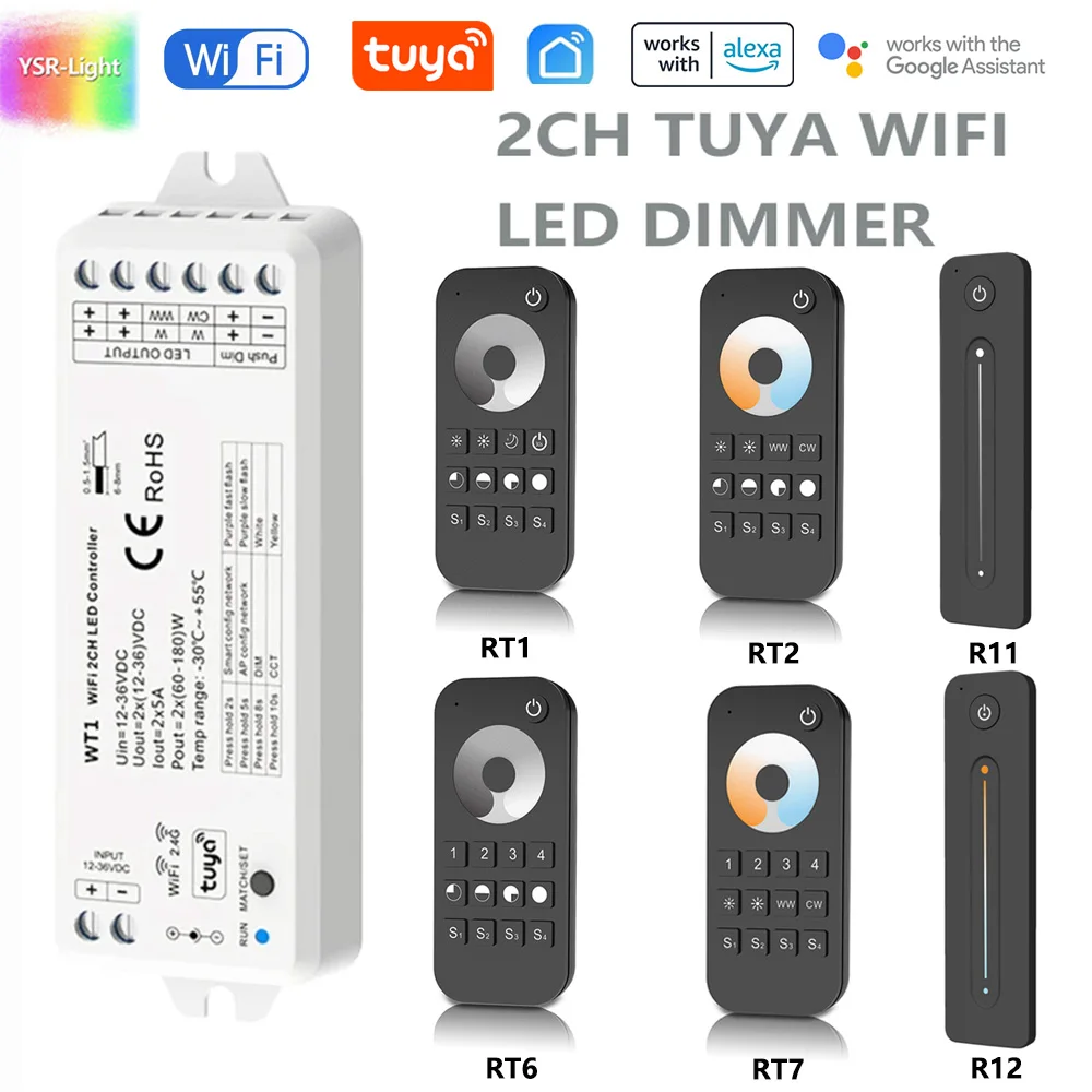 

2CH TUYA WIFI Smart LED Dimmer WT1 RF 2.4G Touch Remote Dimming DC12V-36V 5050 COB WW/CW/CCT LED Strip Light for Alexa Google