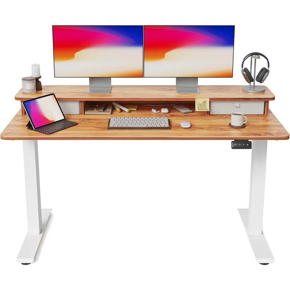 

55 x 24 Inch Height Adjustable Electric Standing Desk with Double Drawer, Stand up Desk, Home Office Computer Workstation with