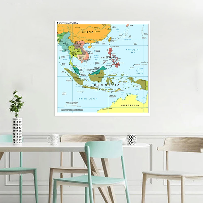 Adhesivo de pared de tela no tejida plegable, tarjeta de decoración de habitación, suministros de enseñanza y viaje, mapa política inglés, 90x90cm