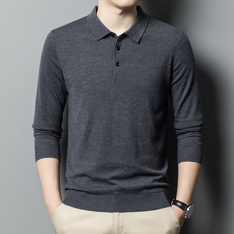 Worsted wool Men POLO Neck  Pullover Long Sleeve Lapel Sweaters Loose Warm Knitted Tops Spring Autumn New Style Men’s Clothing