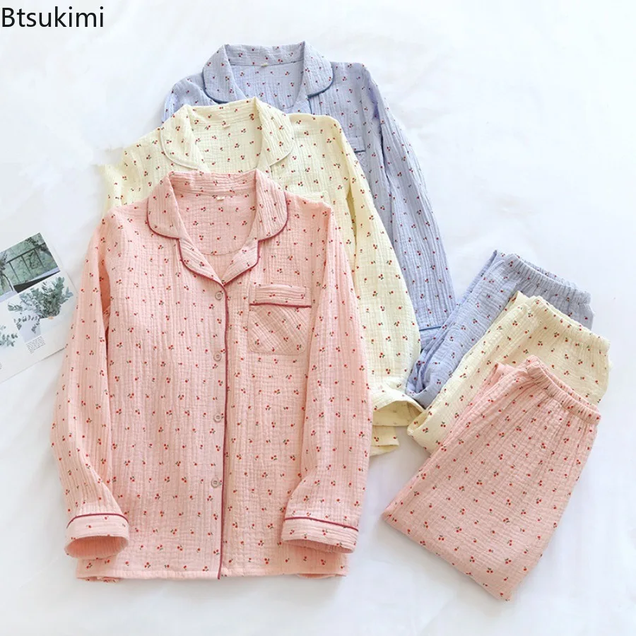 

Spring/Autumn New Ladies Pajamas Set Cherry Printed Crepe Cotton Turn-down Collar Long-sleeve Trousers Household Wear Sleepwear