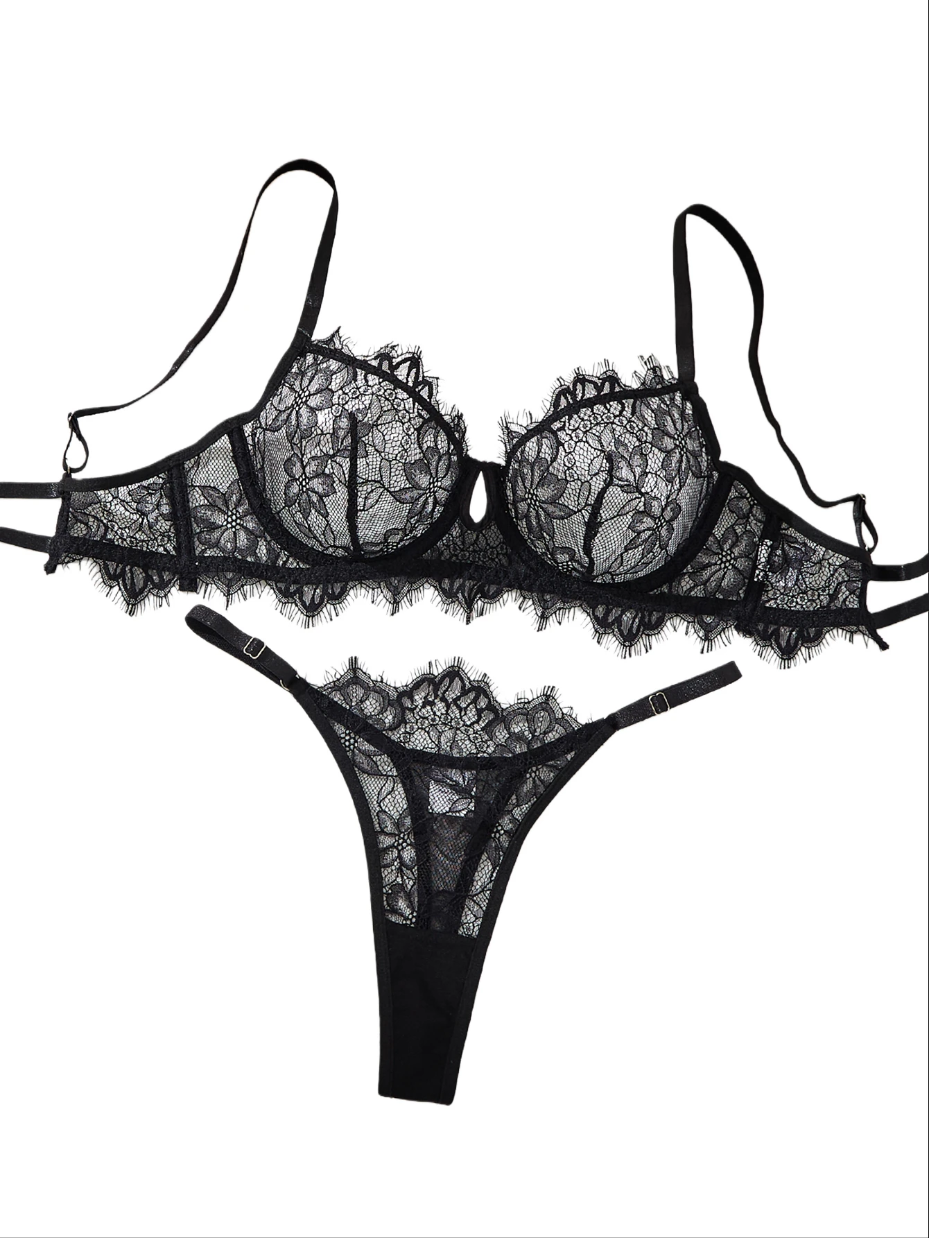 Black Lace Bra Brief Sets for Women Sexy Romantic Transparent Underwear with Flowers See through Erotic Lingerie