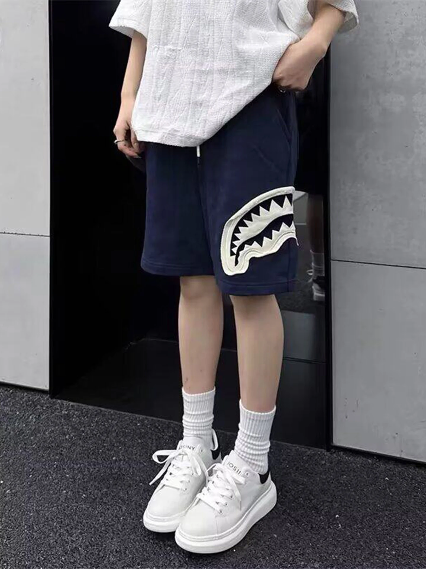 

Blue ark Mouth Patchwork orts Men's Summer Thin American Trendy Sports Pants Design Sensation Five-Quarter Mid-Pants