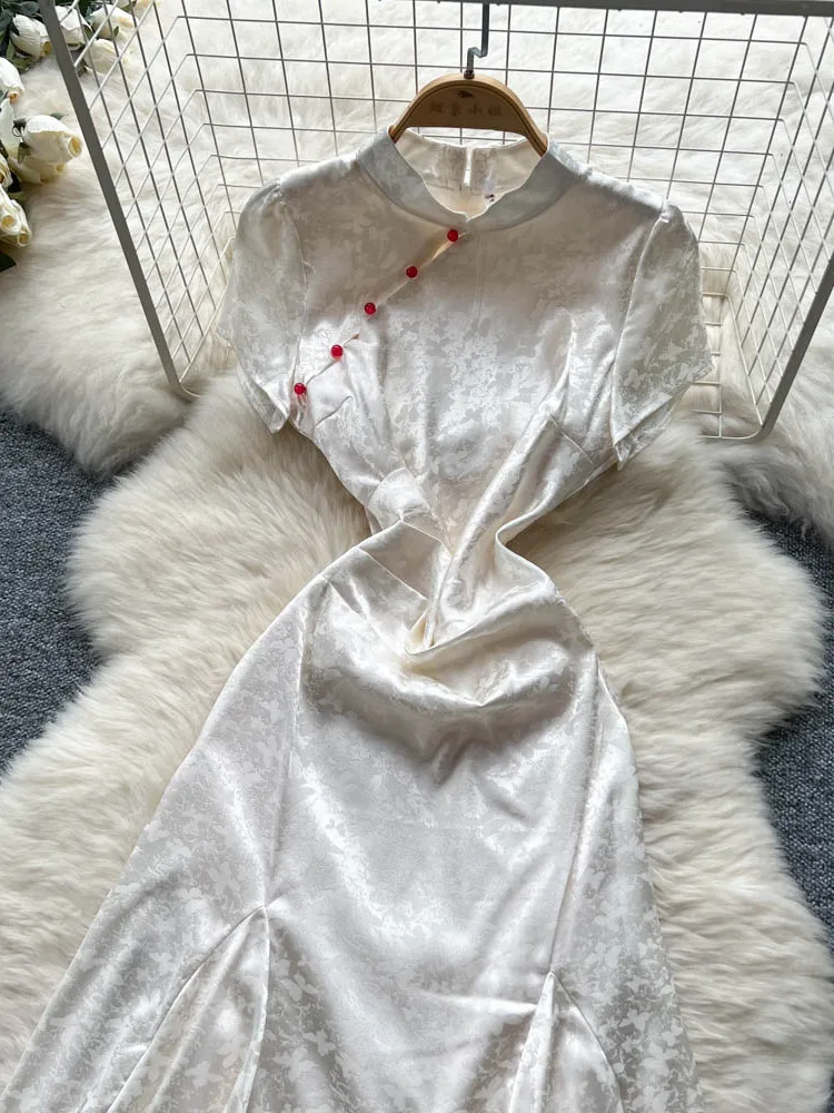 新しい中国風半袖ウエスト締めシルクサテンチャイナドレスハイウエスト A ライン夏通勤ファッションレトロな襟