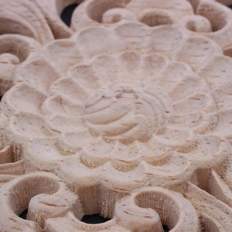 2Pcs Rubber Wood Carved Long Applique Unpainted Flower Walls Cabinets Door Decor Wood Color