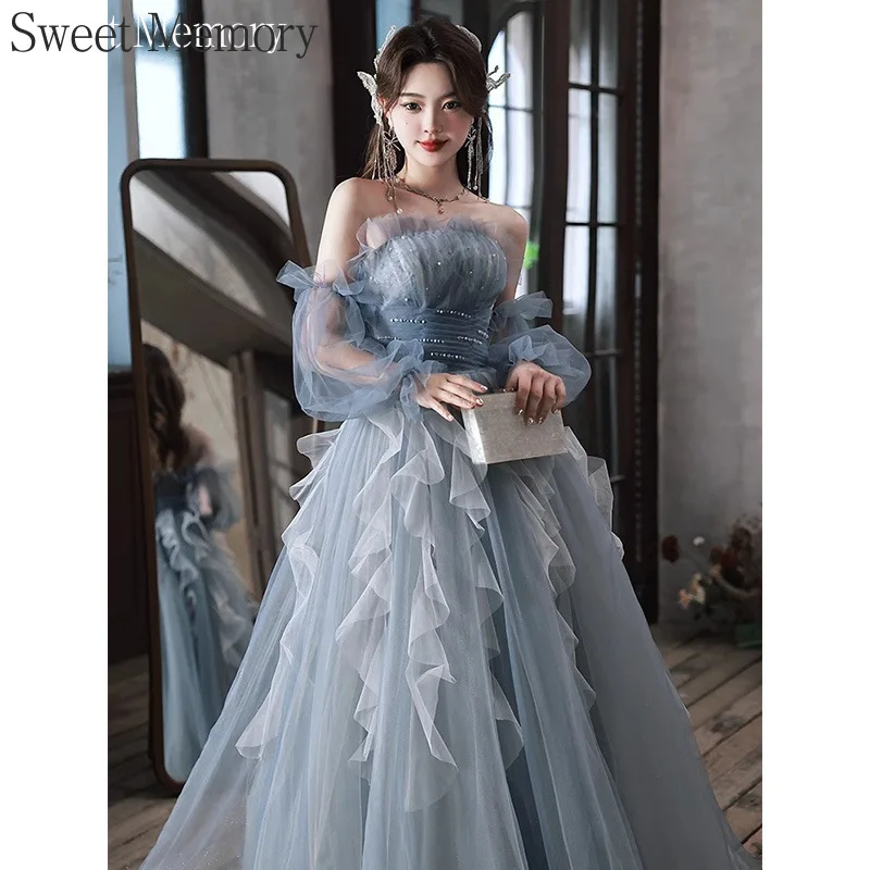 D4168 Customized Greydish Blue Long Evening Dress Sweet Memory Princess Prom Gown Performance Banquet Party Ball Dresses