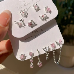 6Pcs/Set Heart Flower Butterfly Chain Pendant Earrings Women's Korean Fashion Y2K Pink Crystal Love Earrings Piercing for Ears
