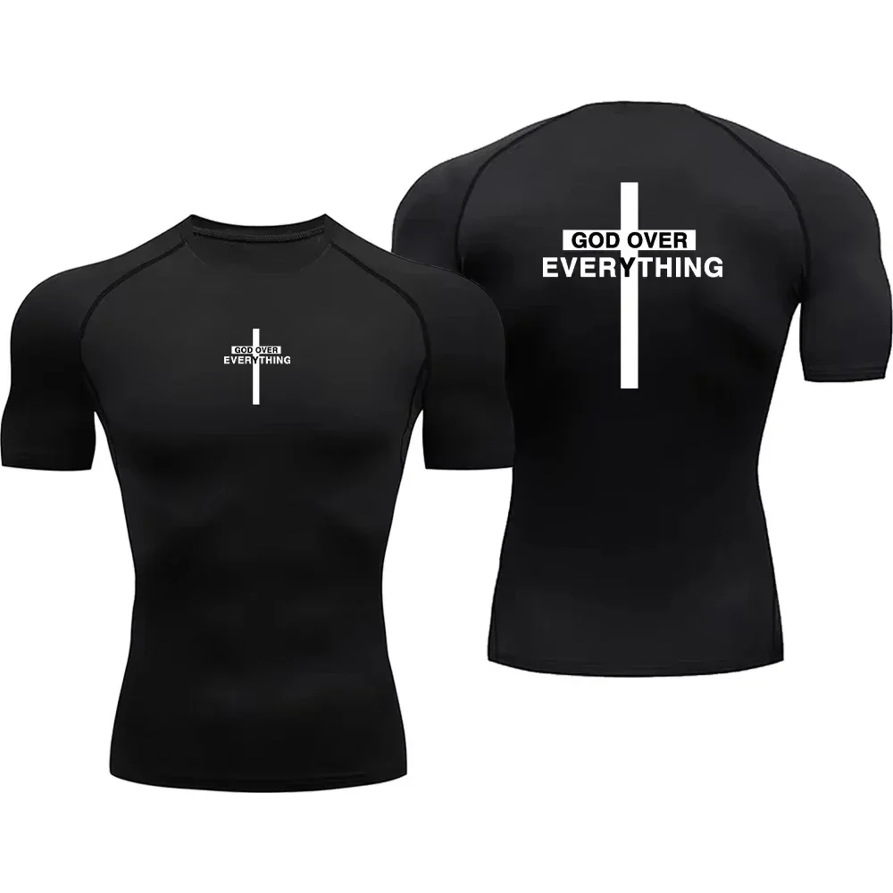 2026 Streetwear Cross Letter Print T-shirts Summer Tight Fitness Men's Tops Sportwear Breathable Y2K Top Compression Shirt