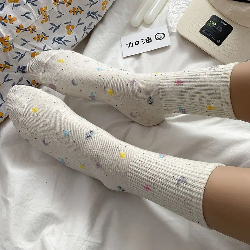 4pairs Harajuku Moon Stars Pattern Socks Women Planet Space Tube Sock Cute Casual Streetwear Female Sweet Meias Sokken